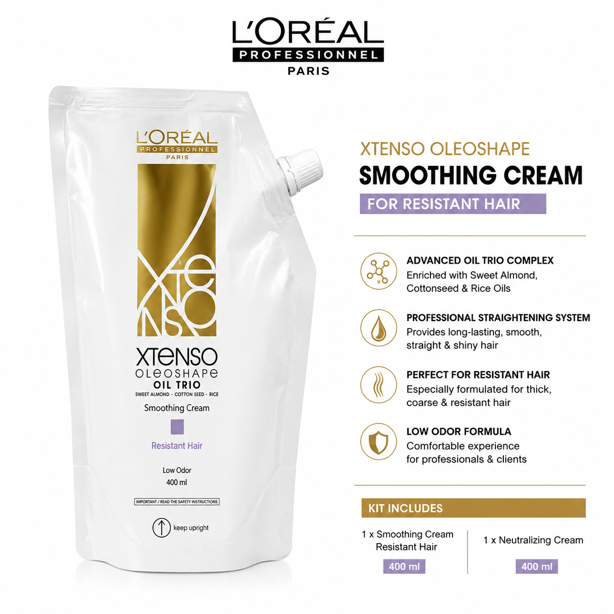 Loreal Professionnel XTenso Smoothing Cream For Resistant Hair 400ml & Neutralizing Cream 400ml - Image 3